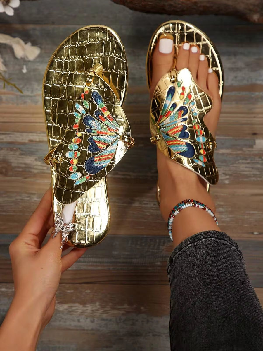 Women's French Retro Unique Design Flip Flops Flat Hollow Butterfly Slippers For Summer Outdoor Wear